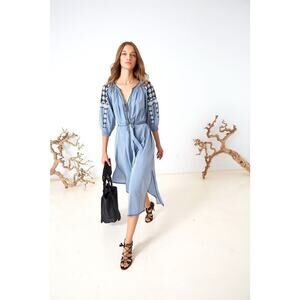 Ulla Johnson Embroidered Boho Odessa Midi Dress Size 6 Chambray